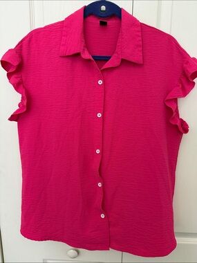 SHEIN Hot Pink Button-Down Ruffle Sleeve Blouse